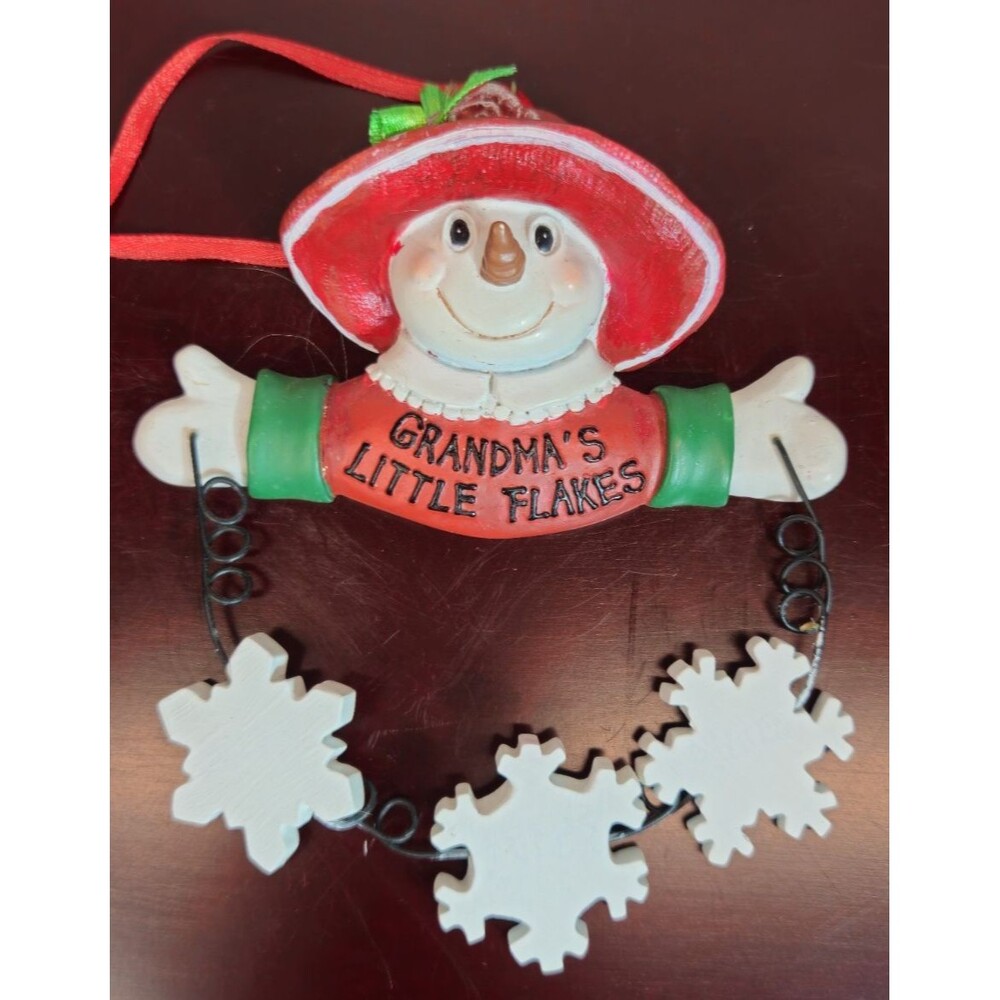 Vintage Grandma's Little Flakes Snowman Christmas Tree Ornament w/3 Snowflakes